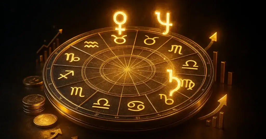 Top 5 Millionaire Indicators in Astrology shown in a glowing birth chart with Jupiter, Saturn, and North Node representing wealth potential