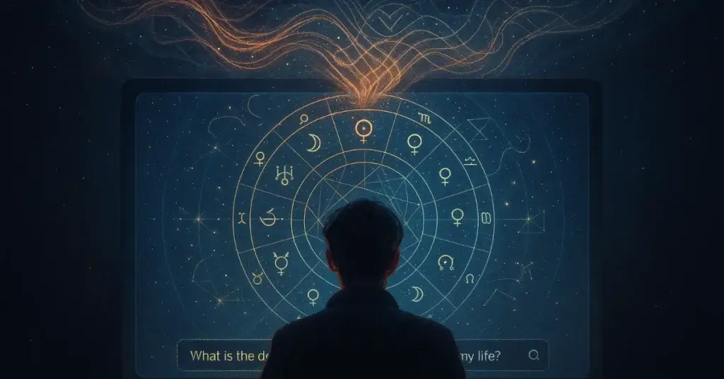 Top 20 Questions for Your AI Astrologer to Get Deep Answers illustrated through a user exploring a digital birth chart with AI insights
